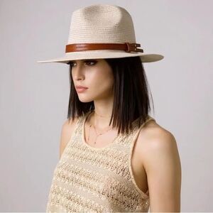 White Wide Brim Fedora Straw Sun Hat Leather Band